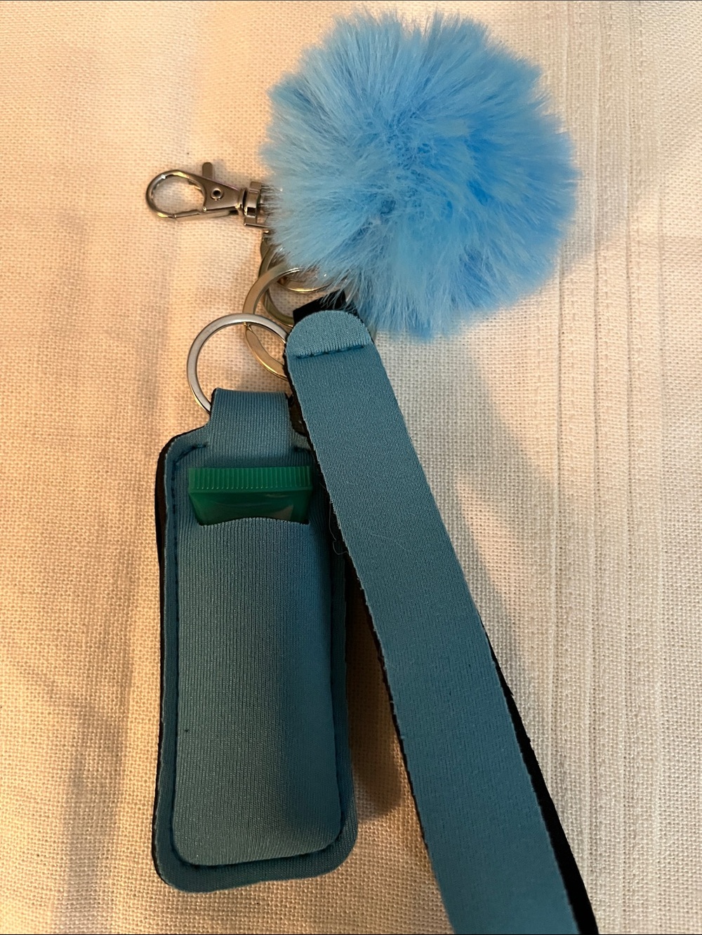 Teal Blue Pom-Pom Key & Lip Balm Holder with Strap